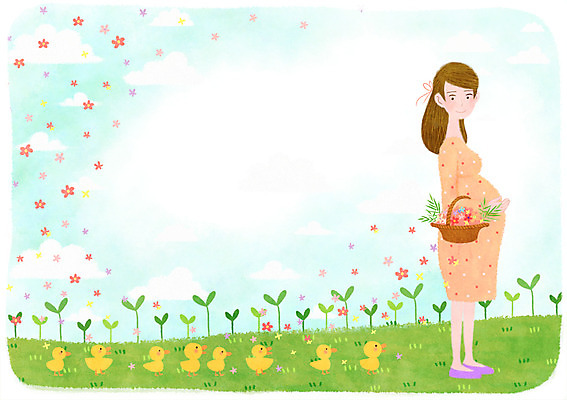 주간 PSD 여자 꽃 여러마리 일러스트 병아리 한명 초원 성인 야외 바구니 새싹 임산부 임신 국내일러스트 자연요소 식물 1 다수 조류 사람 파일형식