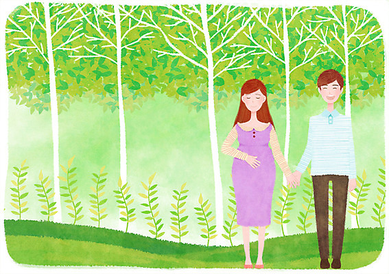 PSD 나무 부부 여자 남자 행복 일러스트 성인 두명 손잡기 임산부 임신 숲속 힐링 설레임 국내일러스트 식물 커플 감정 모션 사람 숲 파일형식