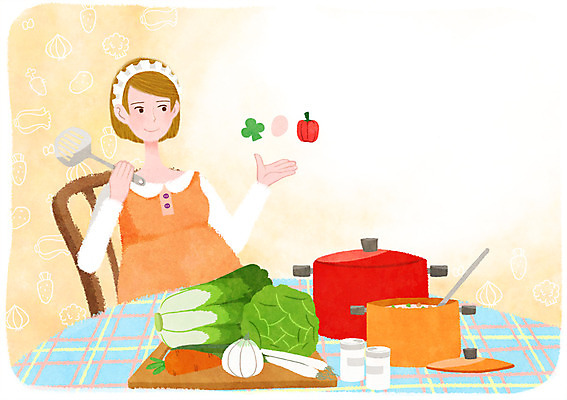 PSD 여자 일러스트 식탁 양파 한명 성인 임산부 임신 당근 냄비 배추 양배추 뒤집개 파 음식준비 국내일러스트 1 채소 탁자 주방용품 뿌리채소 사람 솥 준비 파일형식