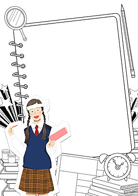 PSD 학생 여자 교육 교복 일러스트 청소년 프레임 한명 책 연필 공책 희망 거울 수능 자명종 자신감 열정 별모형 프레임일러스트 국내일러스트 1 옷 감정 별 시계 문구용품 학용품 사람 필기구 모형 시험 알람 파일형식