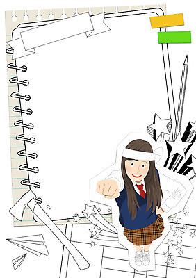 PSD 학생 여자 교육 교복 일러스트 청소년 프레임 한명 연필 라벨 공책 희망 수능 자신감 종이비행기 포스트잇 열정 도끼 별모형 프레임일러스트 국내일러스트 1 옷 감정 별 문구용품 학용품 사람 필기구 모형 시험 메모지 종이접기 파일형식