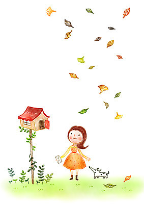 PSD 여자 여유 어린이 낙엽 일러스트 상상 상상일러스트 한명 소녀 판타지 우체통 가을 풀잎 강아지 편지 은행잎 국내일러스트 1 계절 감정 잎 사람 반려동물 풀_식물 개 파일형식