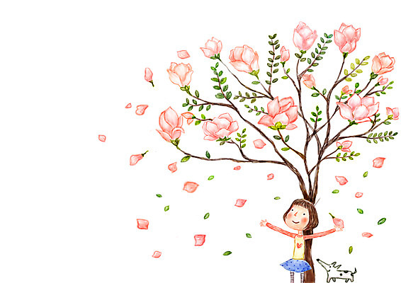 PSD 나무 여자 꽃잎 여유 어린이 일러스트 상상 꽃나무 상상일러스트 한명 소녀 판타지 강아지 국내일러스트 식물 1 꽃 감정 사람 반려동물 개 파일형식