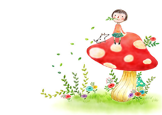 PSD 여자 꽃 여유 어린이 꽃밭 일러스트 상상 상상일러스트 한명 소녀 판타지 정원 버섯 풀잎 강아지 국내일러스트 식물 1 감정 잎 사람 반려동물 풀_식물 개 파일형식