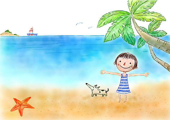 PSD 여자 여유 어린이 바다 섬 일러스트 상상 휴가 불가사리 상상일러스트 한명 소녀 해변 판타지 야자수 강아지 선박 국내일러스트 나무 1 감정 수상교통 극피동물 사람 반려동물 개 파일형식