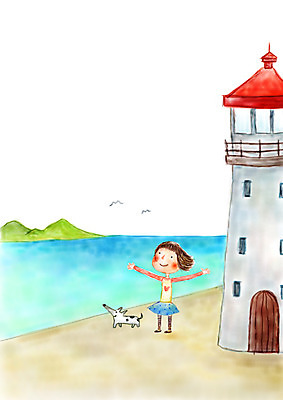 PSD 여자 여유 어린이 바다 섬 일러스트 상상 휴식 등대 상상일러스트 한명 소녀 해변 판타지 강아지 국내일러스트 1 감정 컨셉 사람 반려동물 개 파일형식