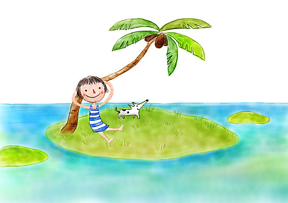 PSD 여자 여유 어린이 바다 섬 일러스트 상상 휴가 상상일러스트 한명 소녀 여름 판타지 야자수 강아지 무인도 국내일러스트 나무 1 계절 감정 사람 반려동물 개 파일형식