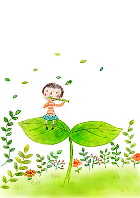 PSD 여자 꽃 여유 어린이 연주 일러스트 상상 상상일러스트 한명 소녀 판타지 새싹 정원 풀잎 피리 국내일러스트 식물 1 감정 음악 잎 사람 풀_식물 목관악기 파일형식