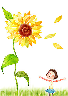 PSD 여자 꽃잎 여유 어린이 일러스트 상상 자연 해바라기 상상일러스트 한명 소녀 잔디 판타지 꿈 국내일러스트 식물 1 꽃 감정 사람 생태계 파일형식