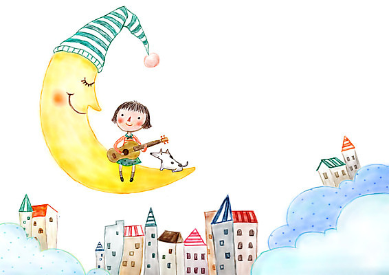 PSD 구름 여자 여유 어린이 연주 일러스트 상상 주택 상상일러스트 한명 소녀 판타지 마을 꿈 달 기타 강아지 국내일러스트 자연요소 1 감정 음악 현악기 사람 건물 반려동물 개 파일형식