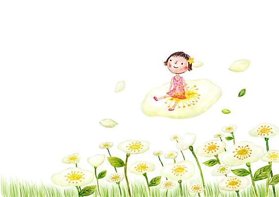 PSD 여자 꽃잎 꽃 여유 어린이 일러스트 상상 자연 상상일러스트 한명 소녀 잔디 판타지 꿈 국내일러스트 식물 1 감정 사람 생태계 파일형식