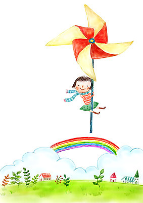 PSD 구름 여자 여유 어린이 무지개 일러스트 상상 주택 상상일러스트 한명 소녀 판타지 목도리 꿈 풀잎 바람개비 국내일러스트 자연요소 1 잡화 감정 잎 사람 건물 풀_식물 파일형식