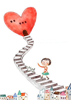 PSD 여자 여유 어린이 일러스트 상상 주택 상상일러스트 사랑 한명 소녀 판타지 문 계단 마을 희망 하트 강아지 국내일러스트 모양 1 감정 사람 건물 반려동물 개 파일형식