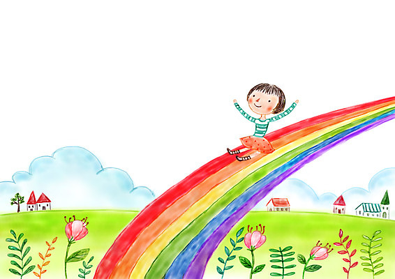 PSD 구름 여자 꽃 여유 어린이 무지개 일러스트 상상 주택 상상일러스트 한명 소녀 판타지 마을 풀잎 미끄럼틀 국내일러스트 자연요소 식물 1 감정 잎 사람 건물 풀_식물 놀이기구 파일형식