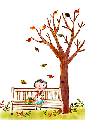 PSD 나무 여자 여유 어린이 낙엽 벤치 일러스트 상상 휴식 상상일러스트 한명 소녀 책 판타지 가을 풀잎 강아지 국내일러스트 식물 1 계절 감정 컨셉 잎 의자 사람 반려동물 풀_식물 개 파일형식