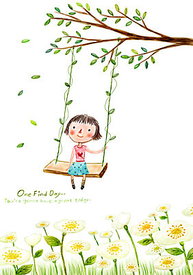 PSD 나무 여자 꽃 여유 어린이 꽃밭 일러스트 상상 상상일러스트 한명 소녀 판타지 꿈 나무그네 국내일러스트 식물 1 감정 사람 그네 파일형식