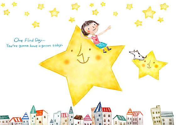 PSD 여자 별 여유 어린이 일러스트 상상 주택 상상일러스트 한명 소녀 판타지 마을 꿈 강아지 국내일러스트 자연요소 1 감정 사람 건물 반려동물 개 파일형식