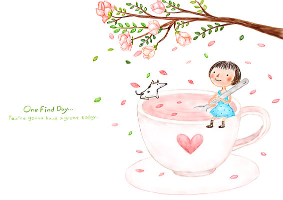 PSD 나무 여자 꽃잎 여유 커피 어린이 일러스트 상상 꽃나무 상상일러스트 한명 소녀 판타지 강아지 커피잔 티스푼 낙화 국내일러스트 식물 1 꽃 감정 음료 잔 사람 반려동물 숟가락 개 파일형식