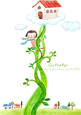 PSD 나무 구름 여자 여유 어린이 줄기 일러스트 상상 주택 상상일러스트 한명 소녀 판타지 마을 목도리 콩나무 국내일러스트 자연요소 식물 1 잡화 감정 사람 건물 파일형식