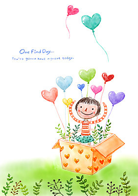 PSD 여자 여유 어린이 일러스트 상상 상상일러스트 선물 사랑 한명 소녀 판타지 상자 풀잎 하트풍선 국내일러스트 1 감정 잎 사람 하트 풀_식물 풍선 파일형식