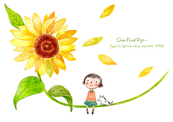 PSD 여자 꽃잎 여유 어린이 일러스트 상상 해바라기 상상일러스트 한명 소녀 판타지 꿈 강아지 국내일러스트 1 꽃 감정 사람 반려동물 개 파일형식