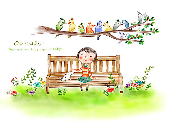 PSD 나무 여자 꽃 행복 여유 어린이 벤치 일러스트 상상 조류 상상일러스트 한명 소녀 판타지 강아지 국내일러스트 식물 동물 1 감정 의자 사람 반려동물 개 파일형식