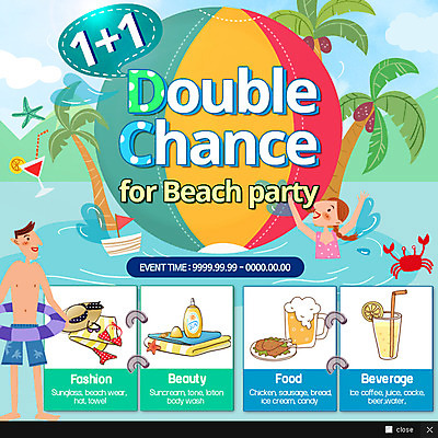 PSD 템플릿 여자 남자 음료 어린이 웹템플릿 불가사리 팝업 웹팝업 이벤트 성인 두명 비키니 야자수 파티 수영 게 칵테일 비치볼 맥주잔 튜브 모자가게 선박 이미지템플릿 나무 수영복 수상교통 술잔 공 극피동물 바캉스용품 주류 갑각류 사람 상점 수상스포츠 파일형식