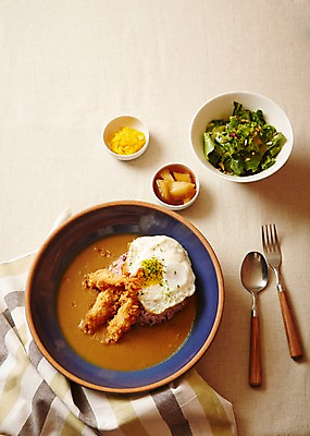 포토 JPG 스튜디오촬영 그릇 포크 반찬 실내 사람없음 하이앵글 숟가락 샐러드 천 카레 카레덮밥 일본음식 베이지색배경 플랫레이 국내포토 식기 음식 뷰포인트 백그라운드 수저 내부 직물 플랫 덮밥 베이지색 파일형식