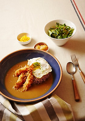 포토 JPG 스튜디오촬영 그릇 포크 반찬 실내 사람없음 숟가락 샐러드 천 카레 카레덮밥 일본음식 베이지색배경 국내포토 식기 음식 백그라운드 수저 내부 직물 덮밥 베이지색 파일형식