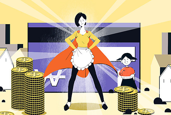 PSD 여자 어린이 일러스트 가족 주택 성인 두명 경제 동전 돼지저금통 신용카드 슈퍼맘 금융의날 국내일러스트 돈 관계 사람 건물 금융 저금통 주부 파일형식 법정기념일