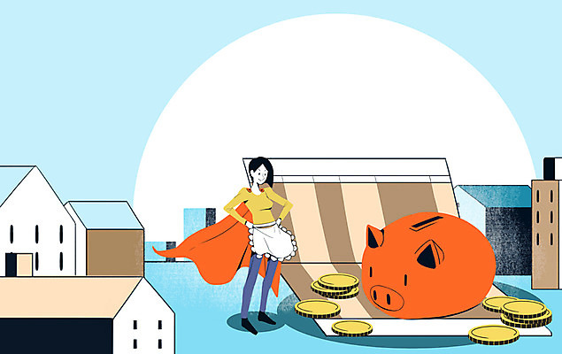 PSD 여자 일러스트 주택 한명 성인 경제 동전 돼지저금통 통장 슈퍼맘 금융의날 국내일러스트 1 돈 사람 건물 금융 저금통 주부 파일형식 법정기념일