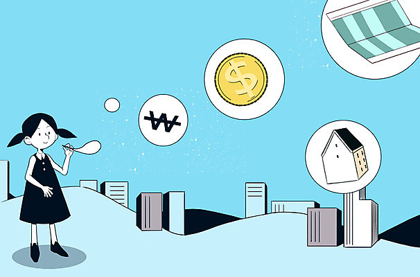 PSD 여자 어린이 일러스트 주택 한명 빌딩 경제 동전 원화 비눗방울 통장 비눗방울놀이 국내일러스트 1 돈 놀이 사람 건물 금융 파일형식