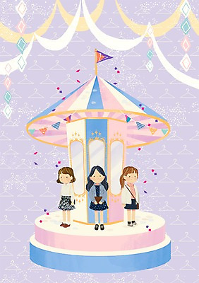 PSD 우먼라이프 여자 패션 일러스트 성인 세명 쇼핑 옷걸이 회전목마 패션쇼 국내일러스트 라이프스타일 사람 놀이기구 쇼 파일형식