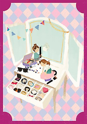 PSD 우먼라이프 여자 일러스트 장신구 성인 두명 쇼핑 선글라스 화장대 메이크업브러쉬 보석함 국내일러스트 라이프스타일 안경 가구 사람 붓 파일형식