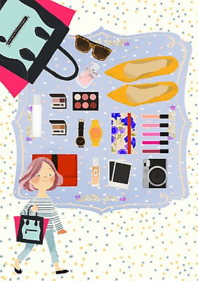 PSD 우먼라이프 여자 구두 가방 일러스트 한명 성인 쇼핑 선글라스 카메라 다이어리 화장품 손목시계 립글로스 아이섀도 소지품 국내일러스트 1 라이프스타일 잡화 안경 시계 신발 장신구 사람 전자제품 뷰티 사무용품 오브젝트 파일형식