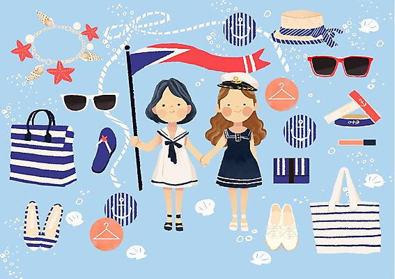 PSD 모자 우먼라이프 여자 신발 가방 일러스트 조개 불가사리 성인 두명 여름 쇼핑 깃발 쪼리 립글로스 닻 여름옷 마린룩 국내일러스트 라이프스타일 잡화 옷 계절 어패류 극피동물 사람 화장품 샌들 파일형식 여름_계절