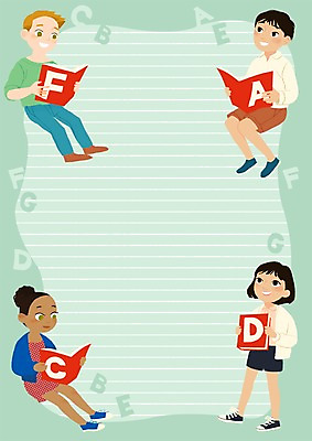 PSD 알파벳 여자 남자 어린이 일러스트 영어교육 여러명 책 독서 편지지 국내일러스트 영어 교육 다수 사람 편지 파일형식