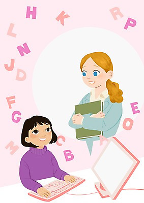 PSD 알파벳 여자 어린이 일러스트 영어교육 성인 두명 책 컴퓨터 교사 국내일러스트 직업 영어 교육 사람 전자제품 파일형식