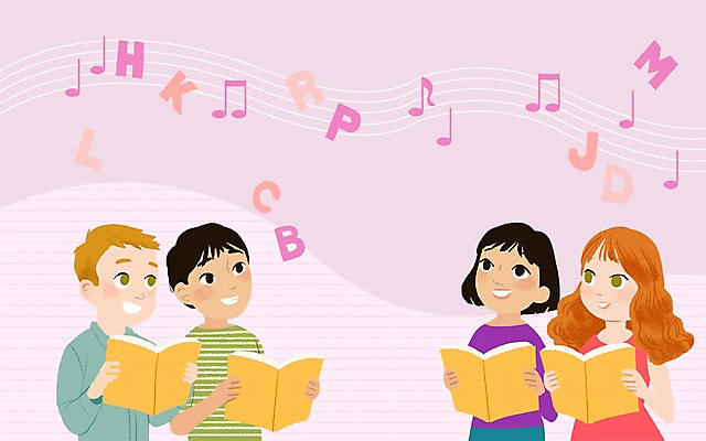 PSD 알파벳 여자 남자 어린이 음표 일러스트 노래 영어교육 여러명 책 오선지 국내일러스트 기호 영어 교육 음악 다수 사람 악보 오선 파일형식