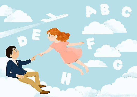 PSD 구름 알파벳 여자 남자 어린이 일러스트 하늘 비행기 영어교육 두명 국내일러스트 자연요소 영어 교육 항공교통 대중교통 사람 파일형식