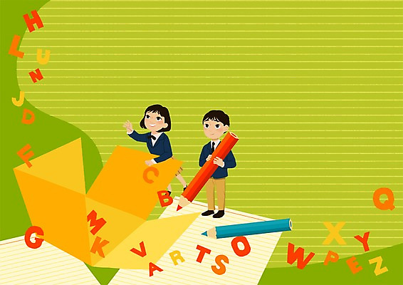 PSD 알파벳 여자 남자 어린이 일러스트 색연필 영어교육 두명 편지지 국내일러스트 영어 교육 학용품 사람 편지 파일형식