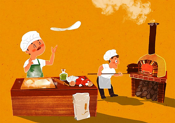 PSD 남자 일러스트 주방용품 요리 성인 두명 요리사 연기 조리복 조리대 밀가루 요리중 밀가루반죽 화덕 화덕피자 국내일러스트 직업 생활용품 유니폼 모션 피자 사람 가루 반죽 화로 파일형식