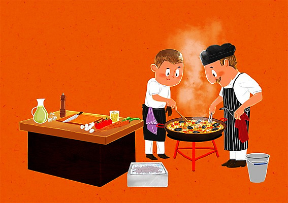 PSD 남자 일러스트 주방용품 도마 요리 성인 두명 바구니 요리사 칼 연기 조리복 조리대 요리중 후추 후추통 파에야 국내일러스트 직업 생활용품 유니폼 모션 서양음식 사람 향신료 양념통 파일형식