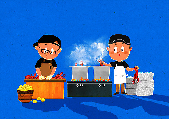 PSD 남자 일러스트 주방용품 요리 성인 두명 바구니 요리사 가스레인지 냄비 바닷가재 레몬 조리대 요리중 삶기 국내일러스트 직업 생활용품 과일 모션 사람 가전제품 레인지 솥 가재 파일형식