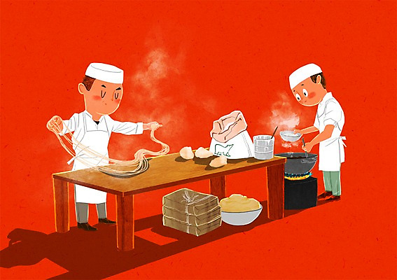 PSD 남자 일러스트 주방용품 요리 성인 두명 중식 요리사 가스레인지 조리복 조리대 반죽 밀가루 요리중 수타면 국내일러스트 직업 음식 생활용품 유니폼 모션 사람 가전제품 레인지 가루 파일형식