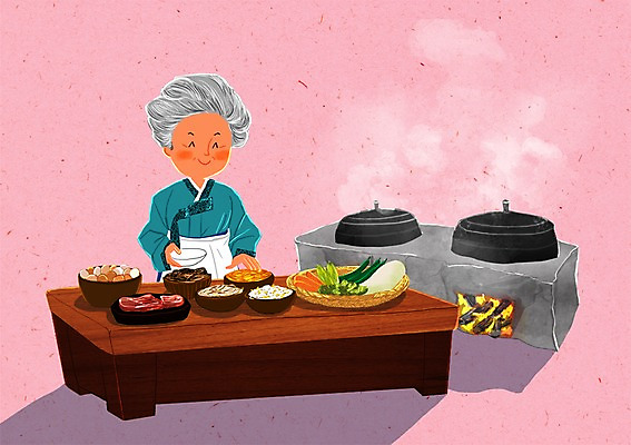 PSD 여자 노년 한식 채소 일러스트 식재료 주방용품 요리 한명 성인 요리사 연기 가마솥 한복 조리대 요리중 국내일러스트 직업 1 한국전통 음식 생활용품 모션 사람 솥 전통의상 파일형식