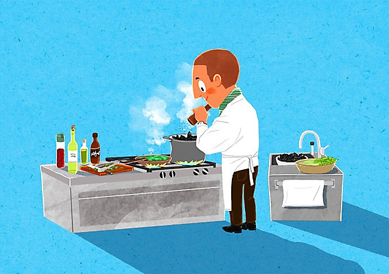 PSD 남자 채소 일러스트 주방용품 도마 요리 한명 성인 요리사 조미료 가스레인지 조리복 조리대 홍합 요리중 홍합탕 국내일러스트 직업 1 생활용품 유니폼 모션 어패류 사람 가전제품 레인지 탕 향미료 파일형식