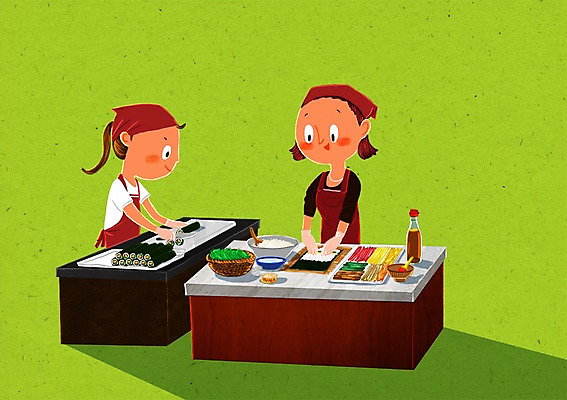 PSD 여자 일러스트 주방용품 요리 성인 두명 요리사 조리복 김밥 조리대 요리중 김밥말이 국내일러스트 직업 음식 생활용품 유니폼 모션 사람 파일형식