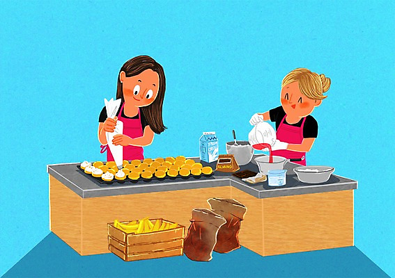 PSD 여자 일러스트 주방용품 바나나 요리 성인 두명 제과제빵 요리사 컵케이크 조리대 제빵 요리중 제빵기구 제빵도구 제빵사 짤주머니 국내일러스트 직업 생활용품 과일 모션 사람 케이크 파일형식