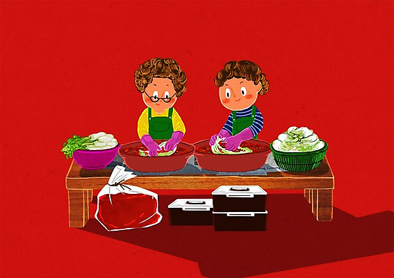 PSD 여자 일러스트 주방용품 김치 요리 성인 두명 요리사 조리대 고무장갑 요리중 김장 대야 고무대야 고춧가루 김장재료 국내일러스트 직업 한식 생활용품 장갑 식재료 모션 사람 가루 고무 파일형식